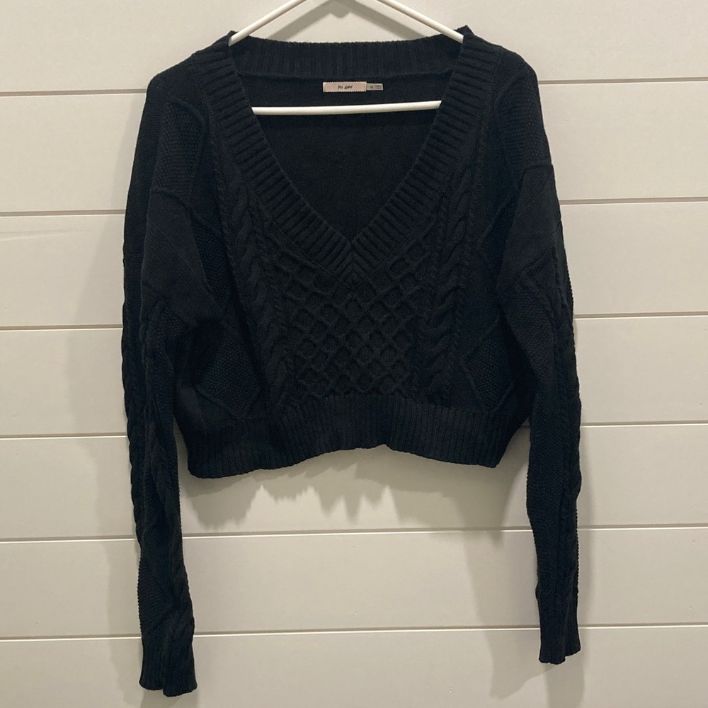 Black V-Neck Cable Knit Sweater